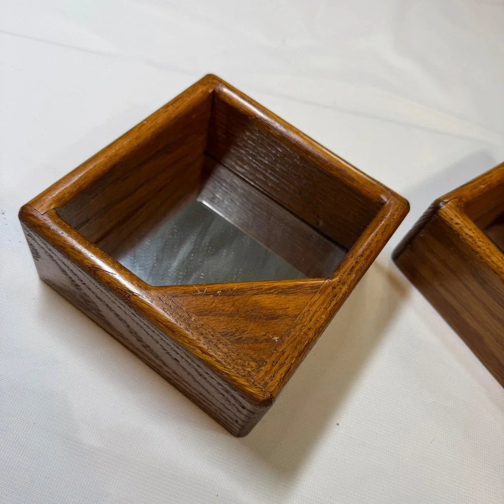 Vintage MCM Oak Wood Mirror Shadow Box Wall Shelves Set of 2 Geometric Squares